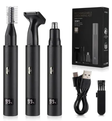 Produktbild von Nasen-, Ohren- und Barttrimmer - 3-in-1-Trimmerset - 7500 U/min - Wiederaufladbar - 90 Min. Laufzeit - Waschbarer Kopf - Schwarz