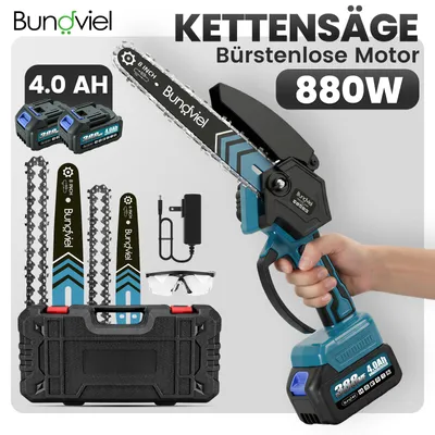Produktbild von Mini Akku Kettensäge 6 & 8 Zoll, bürstenloser Motor, Einhand Kettensäge mit 2×4.0Ah Akkus und Ladegerät