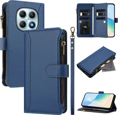 Produktbild von Handyhülle für Xiaomi Redmi Note 15 Reißverschluss Geldbörse Kunstleder Klapphülle mit Kartensteckplatz, Ständer, Handschlaufe Dunkelblau
