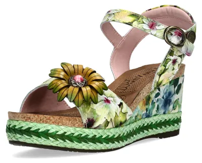 Produktbild von Laura Vita Damen Sandalette Plateau Blumenmuster Keilabsatz Facyo 75, Größe:40 EU, Farbe:Grün