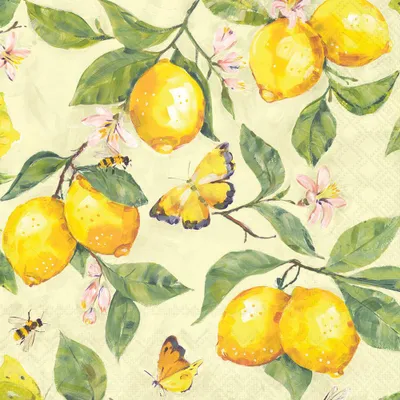 Produktbild von 20 Servietten Fresh Lemons yellow - Schmetterlinge an frischen Zitronen gelb 33x33cm