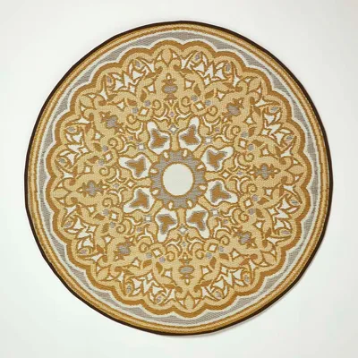 Produktbild von wetterfester Outdoor Teppich rund – Rae Gartenteppich beige-gelb-grau Gemustert, beidseitig verwendbar, recyceltes Polypropylen, für Balkon, Terrasse, Camping & Indoor, Ø180 cm