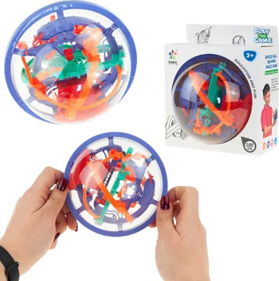 A collage of images showing a 3D labyrinth ball puzzle, including a close-up of the puzzle being held by hands and a product shot with its packaging.