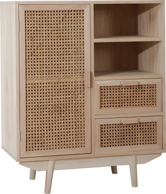 Produktbild von SalesFever Sideboard mit Rattan Front | 2 Schubladen, 1 Tür, 2 offene Fächer | Korpus MDF | Beine Paulownie Holz | B 70 x T 36 x H 85 cm | natur