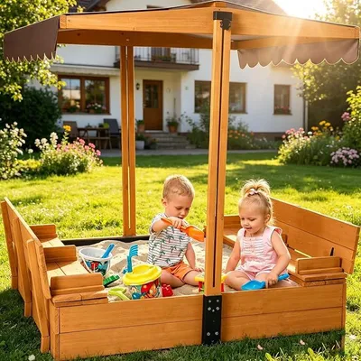 Imagen del producto de Caja de arena para niños con cubierta, 120x120x132 cm, con tapa de madera, caja de arena con techo abatible y bancos plegables para exteriores (color natural de la madera)