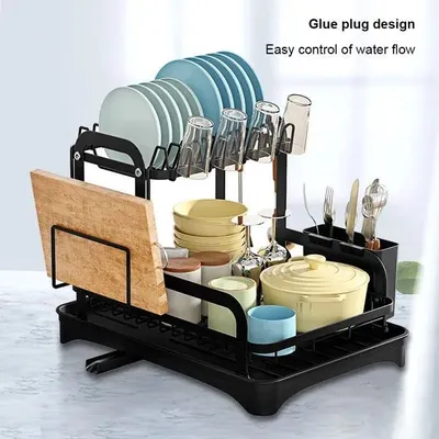 Produktbild von 2-stöckiges schwarzes Geschirr Abtropfgestell mit Besteckhalter, Metall Küchen Organizer mit Abtropfschale und Wasserablauf
