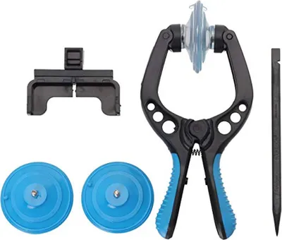 A set of tools for opening electronic device screens, including a clamp with suction cups, a separate clamp piece, and two additional suction cups.