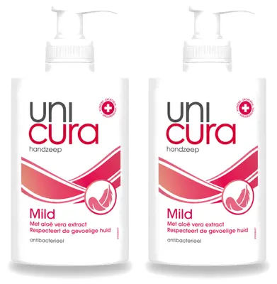 Image de 2 flacons de savon liquide antibactérien doux Unicura, 250 ml chacun. Pack avantage