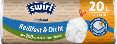 A roll of trash bags with product information and branding.