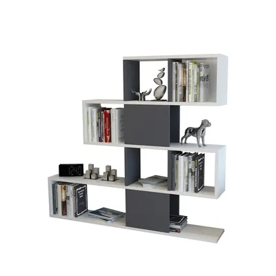 A modern, modular bookshelf with a white and anthracite finish, displaying books and decorative items.