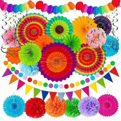 Feierdeko-Set mit 33 Teilen: Papierfächer, Pompons & Wimpel