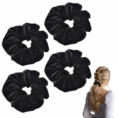 Produktbild von 4 Stück Schwarze Samt Scrunchies Haargummi Set für Damen und Mädchen