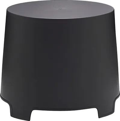 A dark gray, cylindrical stool with four short legs is shown against a white background.