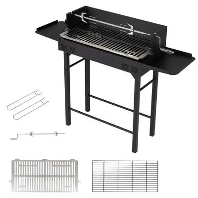 Produktbild von KOMFOTTEU Holzkohlegrill, Campinggrill mit höhenverstellbarem Grillrost, Drehspieß & 2 Ablagen, Grillwagen mit Windschutz & 2 Grillrosthebern, Outdoor BBQ Grill für Garten, Terrasse & Camping