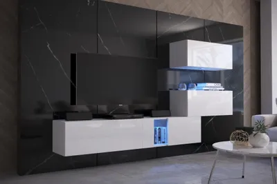 Produktbild von Furnitech Wohnwand Wohnzimmer - Wohnzimmer Möbel mit LED RGB - 16 Farben - Hängend Wohnwand Modern - Regale und TV Schrank (EX129-21W-HG2)