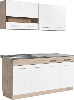 Produktbild von Homestyle4u Küche Küchenblock 160 cm Weiß Küchenzeile ohne Geräte Einbauküche Singleküche Eiche