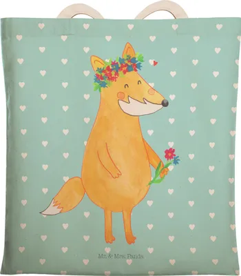 Produktbild von Mr. & Mrs. Panda Tote Bag Fuchs Blumen - Türkis Pastell - Geschenk, Motivation, Blumenliebe, Ich, Beuteltasche, Tragetasche, Liebe, Tasche, Stofftragetasche, Boho