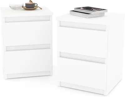 Produktbild von Nachttisch 2er Set Nachtschrank Nachtkommode Modern Möbel mit Schubladen Kommode Holz Schubladenschrank für Ihr Schlafzimmer (Weiß Matt) – 30 x 43 x 32,5 cm (B/H/T)