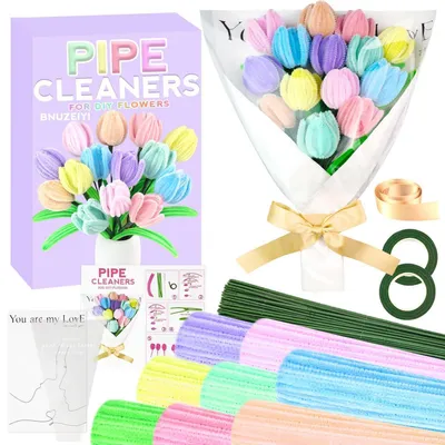 Immagine prodotto di Kit per creare pulitori per tubi a forma di fiori, 8 colori, filo di chenille, ideale per creare un bouquet di tulipani fai-da-te per bambini e adulti