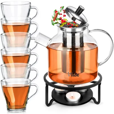 Produktbild von Vilde | Teekanne mit Sieb 1,2 L - Glaskanne mit Stövchen - 6 Gläser 250 ml - Spülmaschinenfest