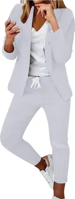 Produktbild von ASKSA Damen Lange aermel Hosenanzug Elegant Business Anzug Slim Fit Revers Set Einfarbig Streetwear Freizeitanzug, Weiss, Groesse: L