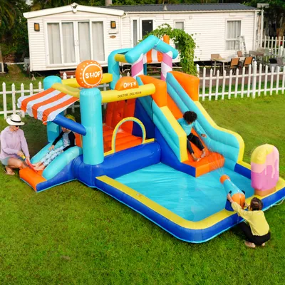Produktbild von Flieks Aufblasbare Hüpfburg mit Wasserrutsche, Kinder Outdoor Hüpfburg Wasserpark Wasserspielcenter mit Gebläse, 395x340x236cm