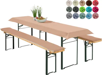 Produktbild von heimtexland ® Bierzeltgarnitur Auflagen Set 3-teilig Tischdecke Bierbank Polster Sitzkissen Tischdeko Typ698 Beige für Tischmaß 70x220 cm