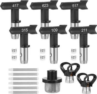A collection of airless paint sprayer tips, filters, and guards arranged on a white background.