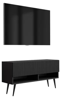 Obrázek produktu pro Skříňka pod televizi s rýhovaným čelem, matná černá, černé šikmé nohy, 100 × 32 × 52 cm