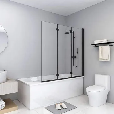 Productafbeelding van Opklapbare douchecabine met 3 panelen van veiligheidsglas, doucheafscheiding, schuifdeur voor de douche, afdichting voor de douchewand, reserveonderdelen voor douchecabines, douche met hoekinstap, 130x138 cm, zwart