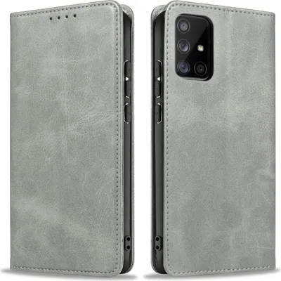 A gray flip cover phone case for a Samsung Galaxy A71 is shown from the front and back.