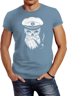 Produktbild von Herren T-Shirt Totenkopf Kapitän Captain Skull Hipster Slim Fit Neverless® stone blue XXL