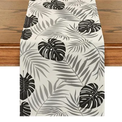 Productafbeelding van Tafelkleed met plantenbladmotief, grijs, 40 x 200 cm, weerbestendig, afwasbaar, mix van linnen en polyester