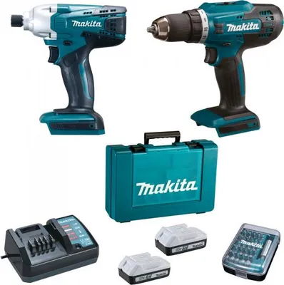 Image de Perceuse sans fil 18V DF4880 + clé à chocs 18V TD127D - MAKITA - avec 2 batteries 18V 1.5 Ah + chargeur + 30 embouts - DK18A35X1