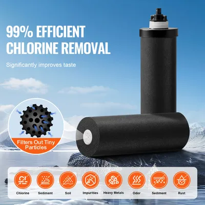 Image de Système de filtration d'eau par gravité, en acier inoxydable, pour plan de travail, capacité 7+8,5 litres. Ce système de filtration réduit le plomb et jusqu'à 99 % du chlore, et est équipé de 2 filtres à charbon actif et d'un robinet indicateur de niveau d'eau. Idéal pour le camping et les caravanes