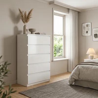 Produktbild von Masseno Kommode NUDO 70 cm Sideboard mit 5 Schubladen und Türen für Wohnzimmer Schlafzimmer Modern 70x39x124,5 cm Weiß / Weiß