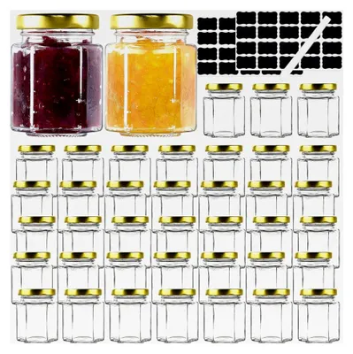 Produktbild von Kleine Gläser mit Metalldeckel und Etiketten, 100 ml, wiederverwendbare Einmachgläser, Mini-Marmeladengläser, sechseckige Honiggläser für Gewürze und Süßigkeiten