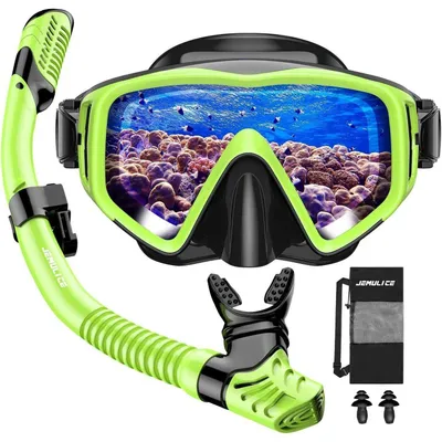 Produktbild von Schnorchelset Erwachsene mit Taucherbrille und Dry Schnorchel Neongrün