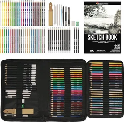 Produktbild von Famanu Zeichen-Set 74-teilig für Kinder und Erwachsene - Aquarell-, Farb-, Metall- und Papierstifte