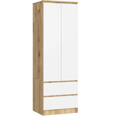 Produktbild von Kleiderschrank AKORD S60 Eiche Artisan 60 cm 2 Türen 2 Schubladen Regal Front Weiß B60 x H180 x T51 cm
