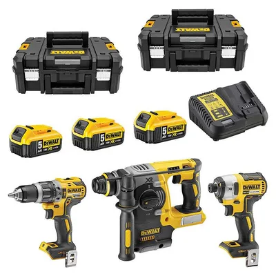 Image de Pack 3 outils 18V DEWALT DCK368P3T-QW : perceuse-visseuse à percussion DCD796, perforateur SDS-plus DCH273 et visseuse à choc DCF887 avec 2 coffrets et 3 batteries