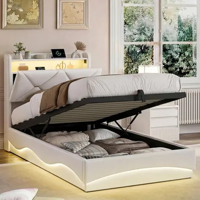 Obrázek produktu pro Postel s čalouněnou konstrukcí, rozměry 90x200 cm, s hydraulickým úložným prostorem, čelo s úložným prostorem, LED osvětlením, 2 USB porty a 1 portem Type-C, rošt, barva bílá, bez matrace