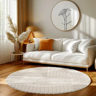 Produktbild von Homebyhome Hochflor Teppich Wohnzimmer Skandinavische Boho Design 3D Optik Teppich Shaggy Flauschig Weich, Grösse: 160 cm Rund