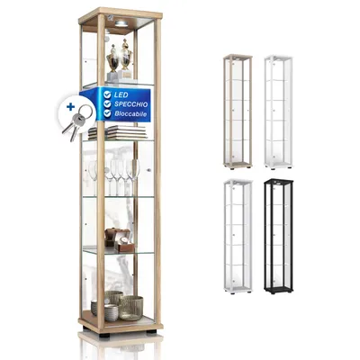 Immagine prodotto di K-Möbel Vetrina in vetro in piedi in faggio (176x37x33cm) con 4 ripiani in vetro regolabili in altezza, specchio, serratura e LED - Vetrina in piedi - Vetrina espositiva