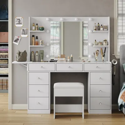 Image de Table de maquillage avec éclairage, 9 tiroirs, 4 compartiments, miroir, prises électriques, blanche