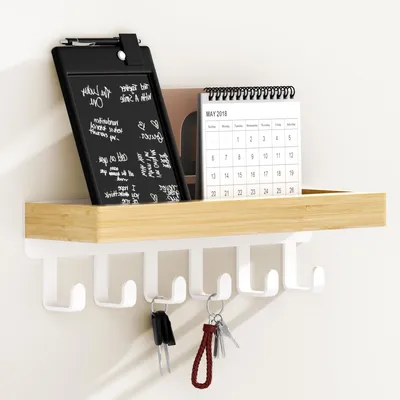Productafbeelding van Sleutelbord met houten plank en 6 haken – Multifunctionele sleutelhouder met opbergruimte, geschikt voor de hal, slaapkamer en keuken