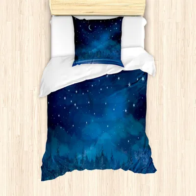 Produktbild von ABAKUHAUS Winter Bettbezug Set, Nächtliche Malerei Illustration mit Vivid Mond, 135 x 200 cm + 80 x 80 cm, Meerblau Dunkelblau