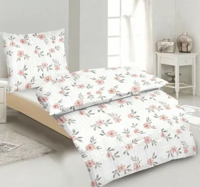Produktbild von 2-teilig SEERSUCKER Baumwolle Bettwäsche-Set 135x200 Kissenbezug 80x80 NEU Modern Blume Weiß NEU bügelfrei