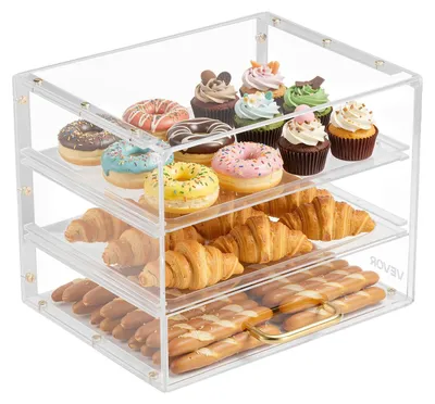 Productafbeelding van VEVOR Gebaksdisplay, 3-laags, professionele bakkerijdisplay van transparant acryl, toonbankdisplay met draaideur en afneembare scheidingswand, geschikt voor koekjes, desserts en donuts, 33 x 26 x 26 cm