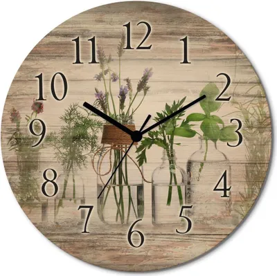 A round wall clock with a rustic wooden background, featuring a floral arrangement in glass bottles as the clock face.
